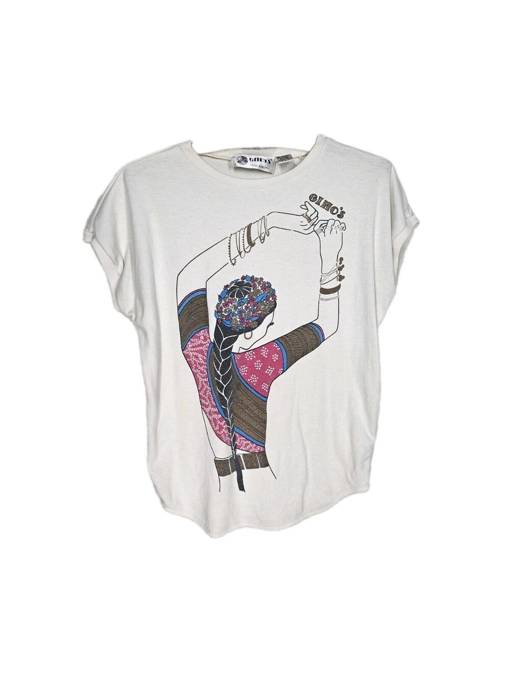 Vintage 1970s Dancing Woman Print Tshirt Graphic Retro Disco Boho Women's L XL